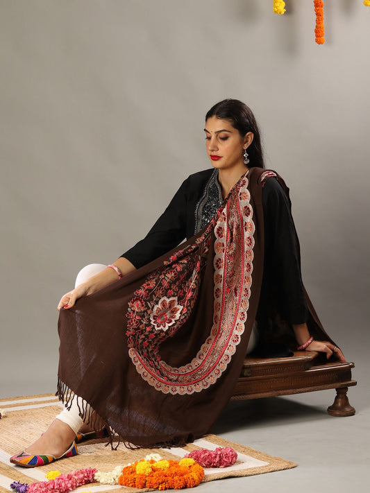 Aari Embroidered Brown Fine Wool Stole with Detailed Multicolored Traditional Kashmiri Motifs and Tassels