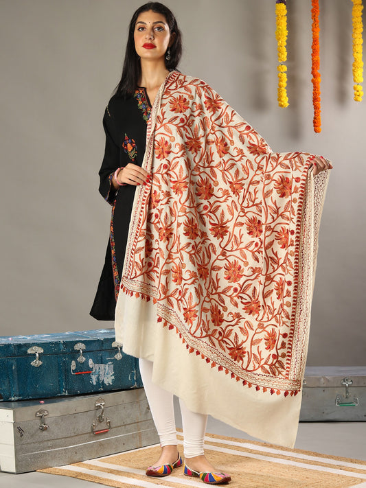Aari Embroidered Off White Fine Wool Shawl with Detailed Multicolored Traditional Kashmiri Motifs and Tassels