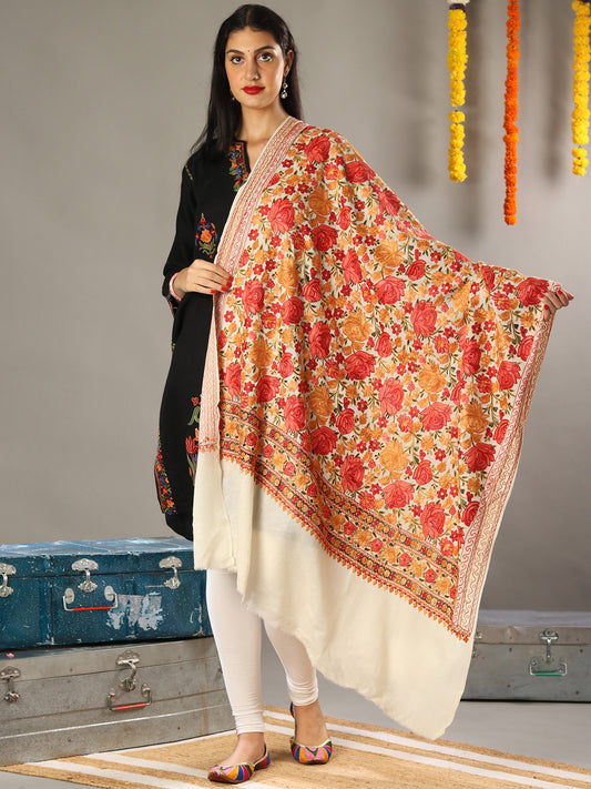 Aari Embroidered Off White Fine Wool Shawl with Heavily Detailed Multicolored Traditional Kashmiri Motifs and Tassels