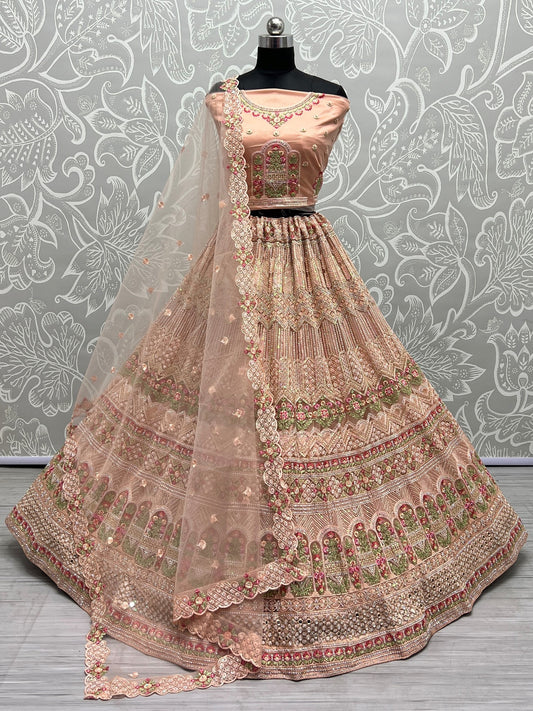 Heavy Net Meena Mughal Motif Lehenga Choli With Mirror, Thread, Zircon-Diamond Embroidery And Soft Net Scalloped Dupatta