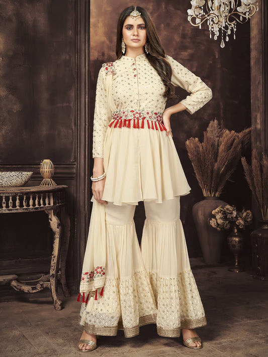 Off-White Georgette Round Collar Peplum Top Palazzo Suit With Double-Sequins, Thread Embroidery