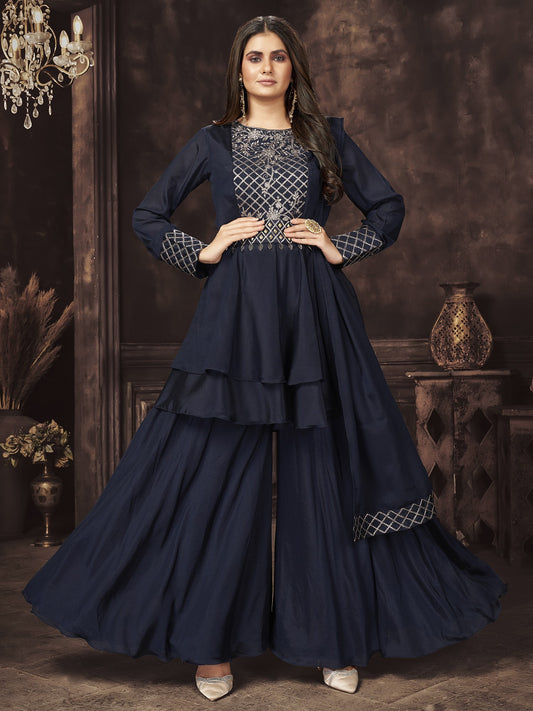 Navy-Blue Desinger Chinnon Embroidered Peplum Top Palazzo Suit With Dupatta