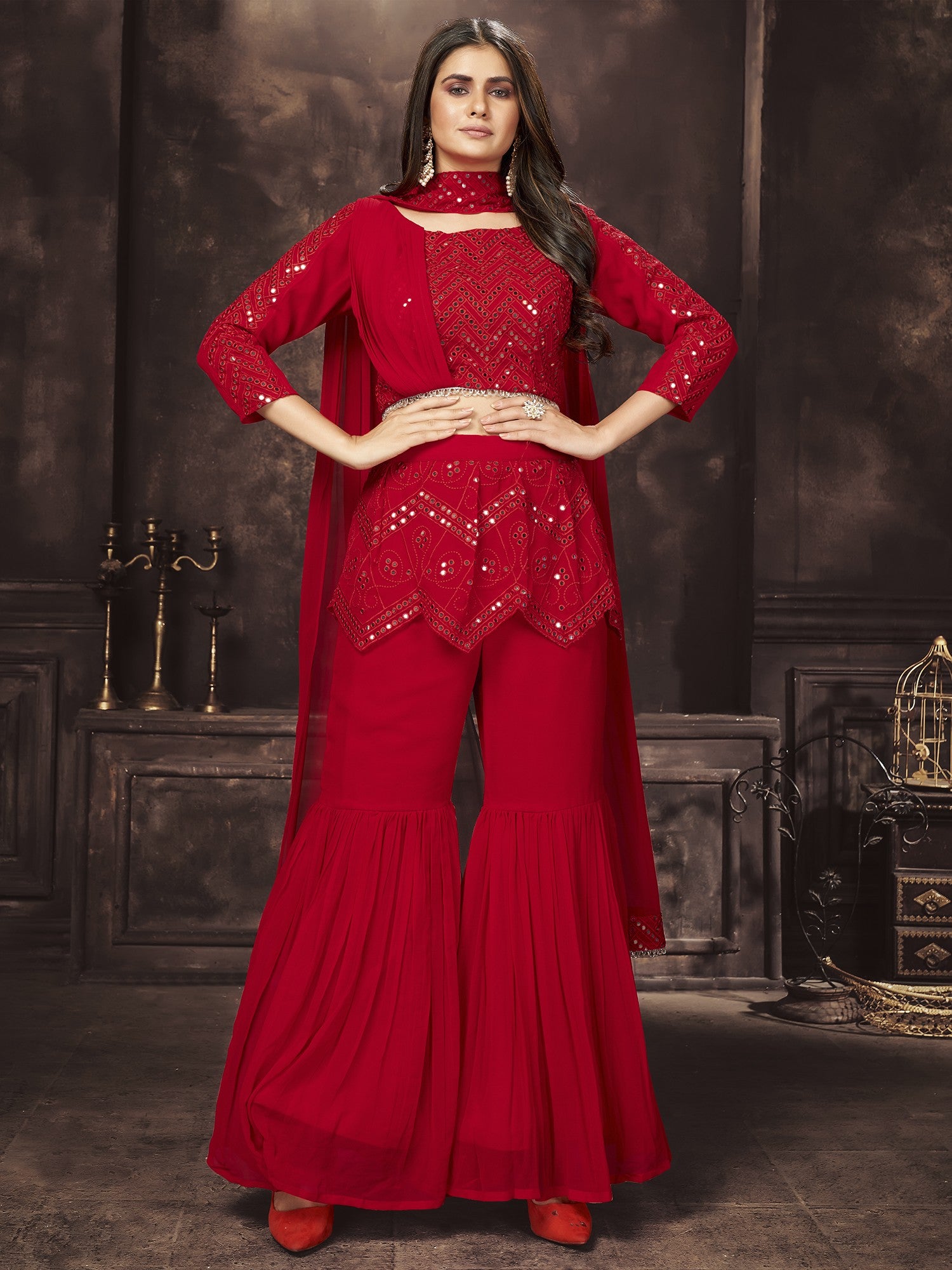 Red Georgette Chevron Pattern Mirror-Sequins Embroidered Crop Top Palazzo Suit With Designer Dupatta