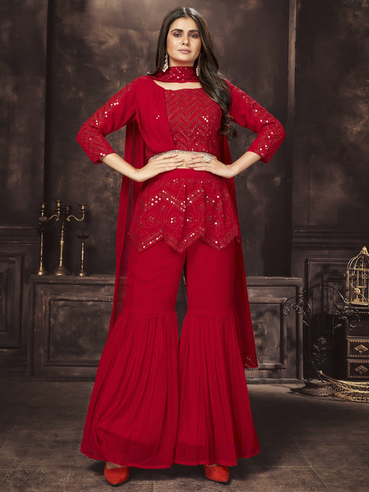 Red Georgette Chevron Pattern Mirror-Sequins Embroidered Crop Top Palazzo Suit With Designer Dupatta