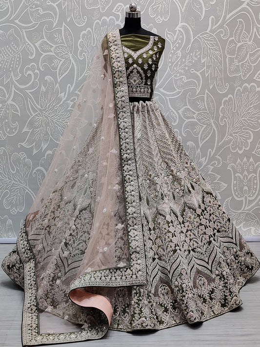 Velvet Floral Mughal Pattern Bridal Lehenga Choli With Mirror, Dori, Thread Work And Butti Motif Soft Net Dupatta