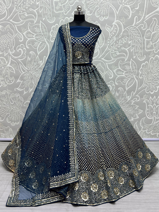 Net Jaal Pattern All-Over Sequins, Dori, Multi-Thread Embroidered Bridal Lehenga Choli With Bundi Motif Soft Net Dupatta