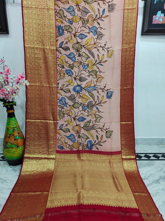 Crystal-Pink Floral Tendrils Painted Kalmakari Kanjivaram Silk Saree