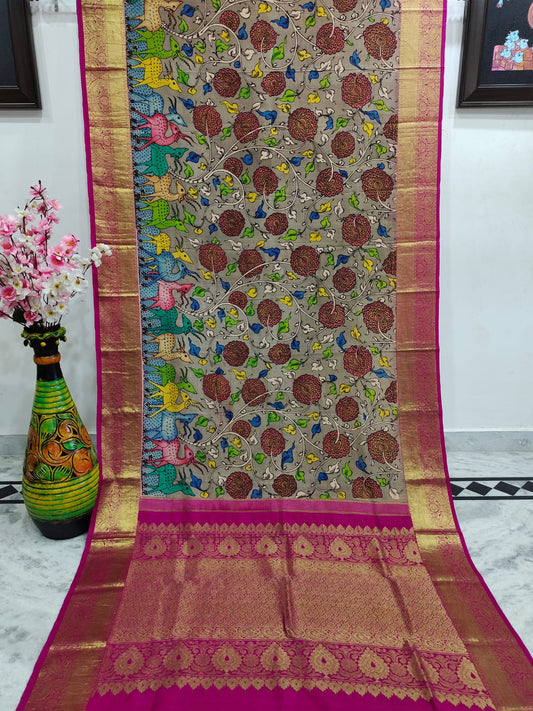 Kalmakari Deer-Floral Painted Kanjivaram Silk Saree