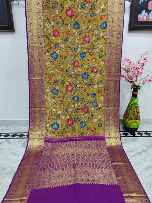 Golden-Green Kalmakari Kanjivaram Silk Saree
