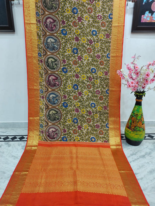 Multicolor Floral Leaf Vine Painted Kalmakari Kanjivaram Silk Saree