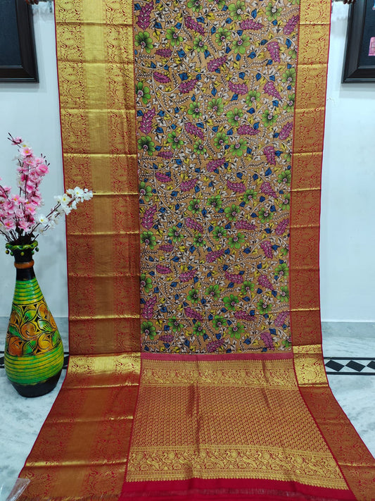 Rose-Dust Multicolor Kalmakari Floral Painted Kanjivaram Silk Saree