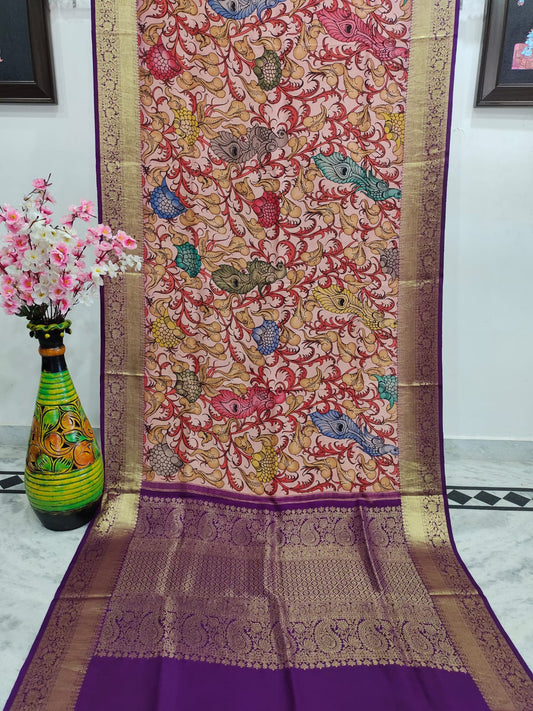 Barely-Pink Peacock Motif Painted Kalmakari Kanjivaram Silk Saree