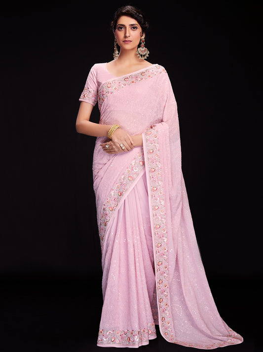 Georgette Lucknowi Work Saree with Sequins Embroidery and Meena Floral Pattern Border
