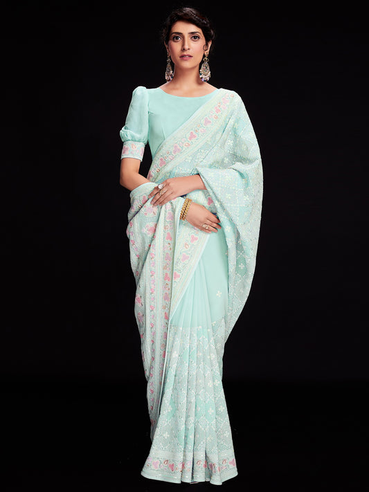Embroidered Lucknowi Work Saree