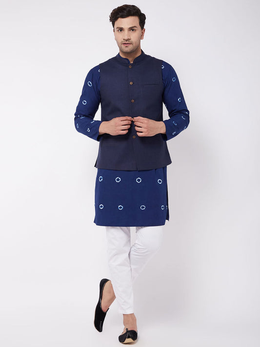Pure Cotton Tie-Dye Pattern Blue Kurta And Cotton Lycra White Pant Style Pajama And Cotton Blend Modi Jacket