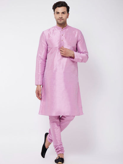 Silk Blend Mandarin Neck Straight Plain Kurta With Matching Churidar Pajama