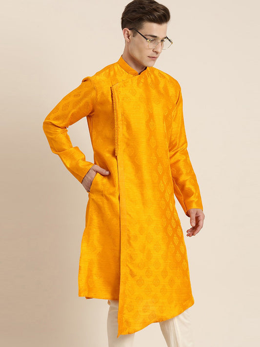 Yellow Viscose Blend Asymmetrical Style Kurta With All-Over Mughal Butti