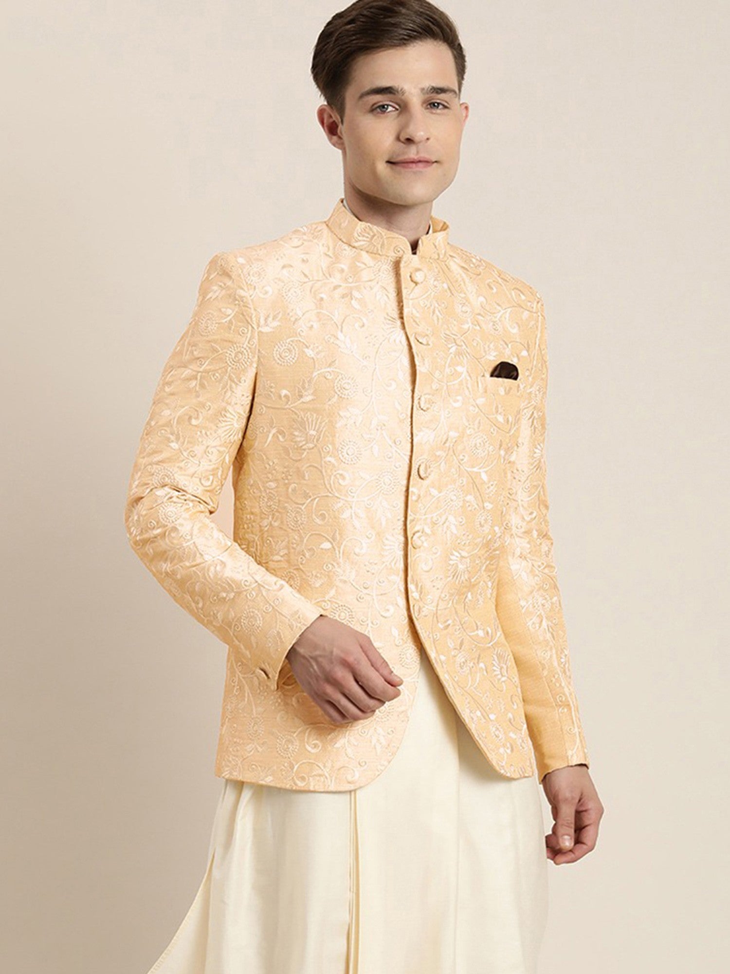 Cream Silk Blend Royal Jodhpuri Coat With Floral Vine Embroidery