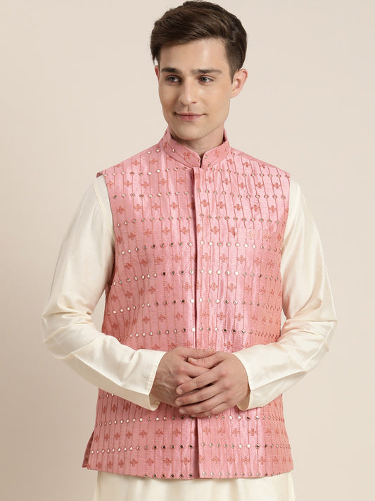 Onion-Pink Silk Blend Modi Jacket With Laddi Pattern Mirror Work