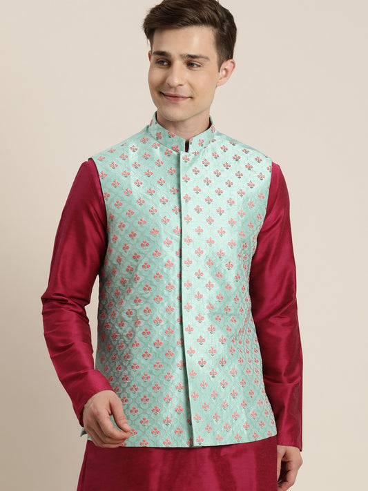 Mint-Green Silk Blend Modi Jacket With Thread Work Floral Quatrefoil Pattern