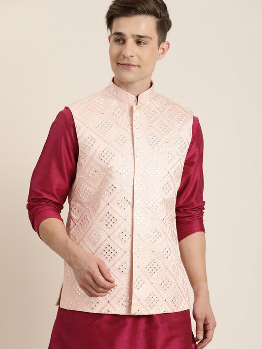 Pink Silk Blend Modi Jacket With Diamond Pattern Mirror Work