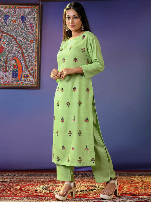 Pure Cotton Floral Butta Embroidery Kurti With Bottom