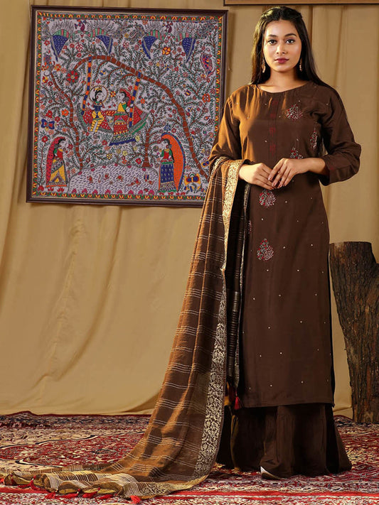Brown Color Muslin Sharara Suit With Phool Embroidered And Dupatta