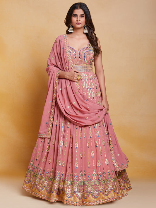 Pink Georgette Mughal-Laddi Pattern Anarkali Style Gown With All-Over Sequins, Thread, Mirror Embroidery And Matching Latkan Dupatta