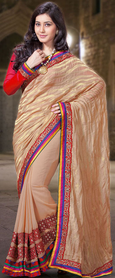 Beige Designer Saree with Golden Thread Weave and Tri-Color Patch Border