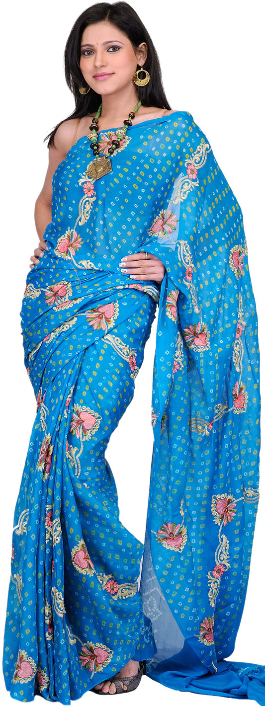 Caribbean-Sea Bandhani Sari with Embroidered Flowers All-Over