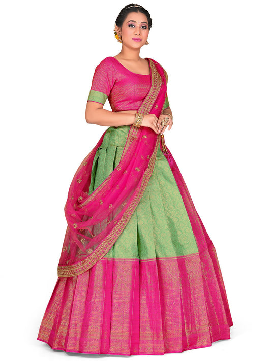Green-Rani Color Jacquard Woven Ogee Pattern Banarasi Half Saree Style Traditional Lehenga Choli With Dupatta