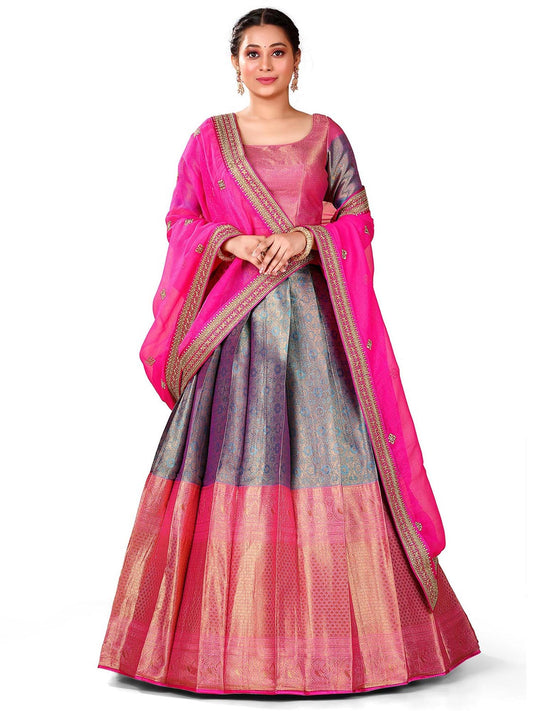 Firozi-Pink Art Silk Ogge Pattern Jacquard Work Banarasi Pavadai With Choli And Dupatta