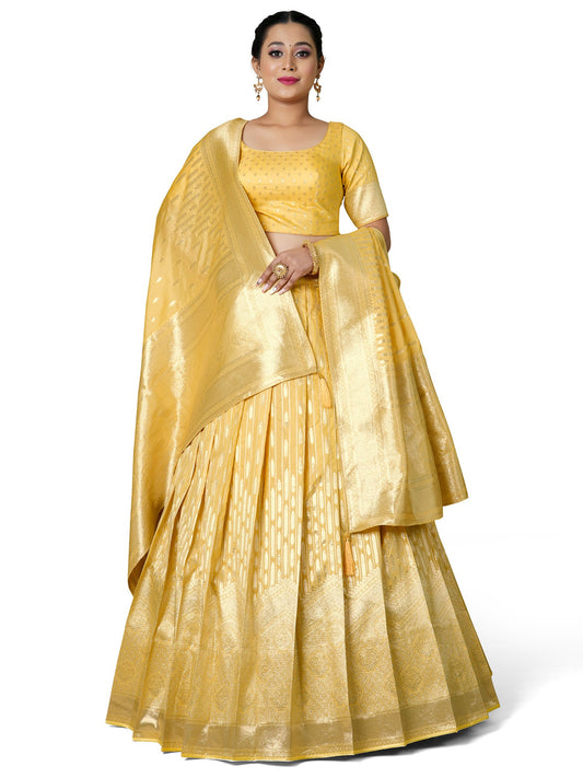 Yellow Color Art Silk Zari Work Banarasi Half Saree Style Lehenga Choli With Matching Dupatta