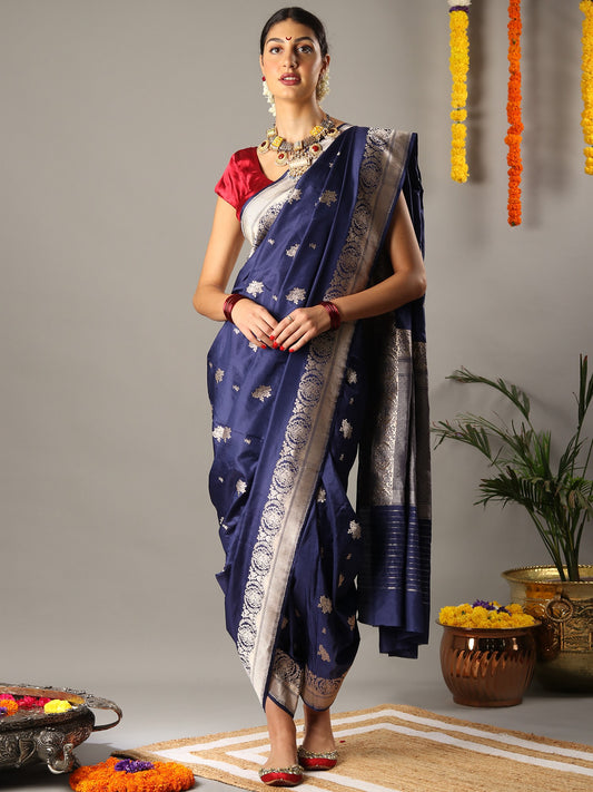 Navy-Blue Banarasi Handloom Silk Zari Brocade Saree