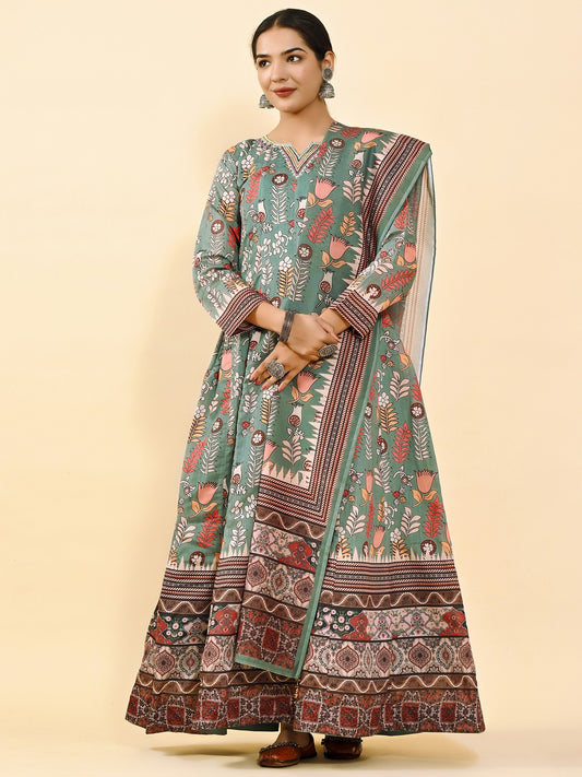 Heavy Chanderi Silk Digital Floral Leaf Printed Anarkali Gown With Matching Latkan Dupatta