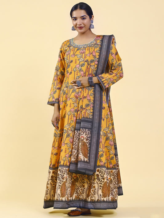 Mustard-Orange Anarkali Gown With Peacock-Vine Digital Printed And Matching Dupatta