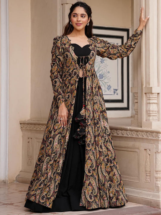 Black Faux Georgette Crop-Top Palazzo Suit With Heavy Rayon Digital Paisley Pattern Print Long Shrug