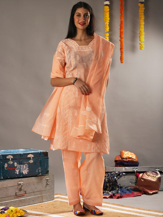 Chikankari Embroidery Peach Colored Pure Cotton Salwar kameez with Duppatta