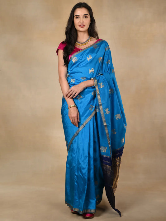 Royal Blue Pure Silk Banarasi Saree with Zari Border Traditional Motifs