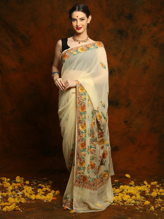 Light Yellow Georgette Saree with Floral Pattern Ari Embroidery from Kashmir