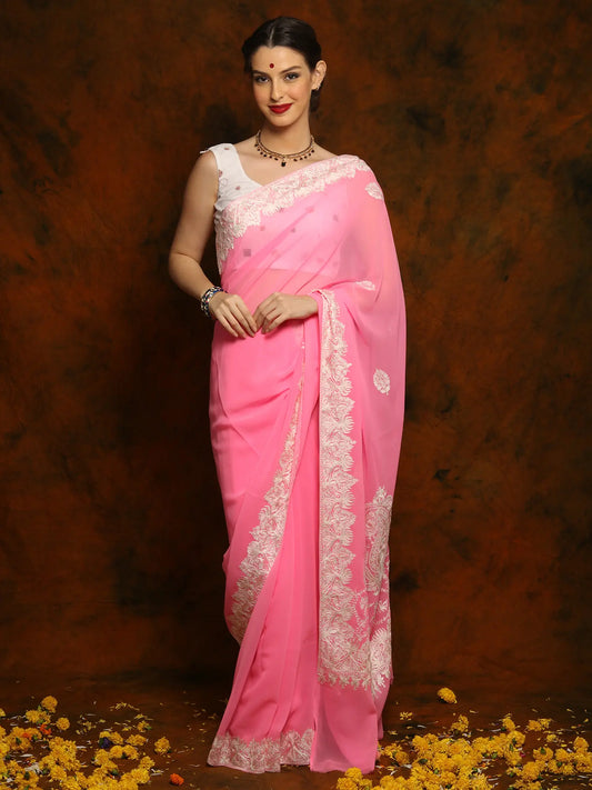 Neon Pink Georgette Saree with White Aari Embroidery