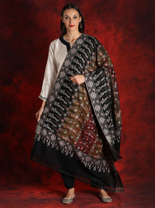 Black Colored Pure Pashmina Ikat Jaal Shawl