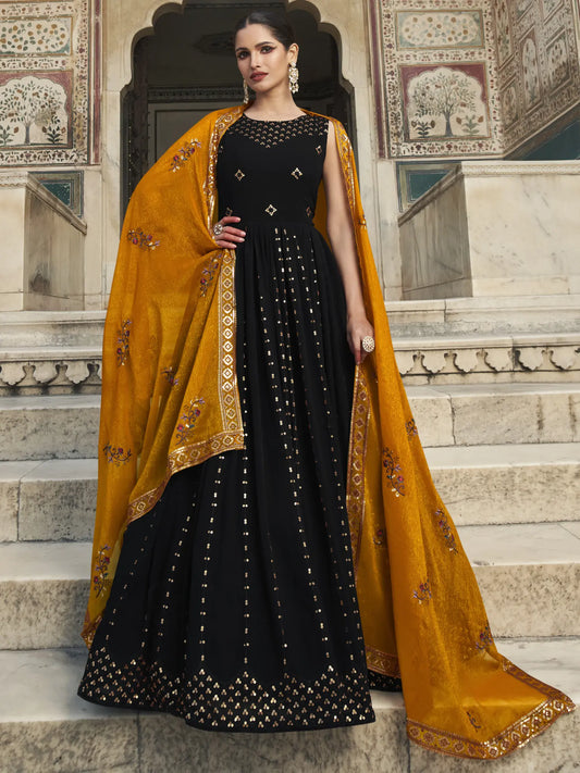 Georgette Thread-Sequins Embroidered Anarkali Gown with Designer Dupatta