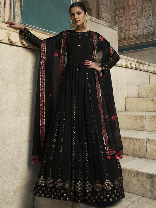 Georgette Laddi Pattern Anarkali Gown Witn Sequins-Thread Embroidery And Matching Dupatta