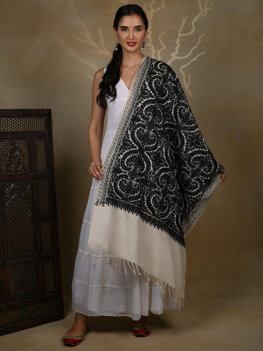 Pure Woolen Beige Stole with Detailed Black Paisley All over Aari Threadwork from Kashmir