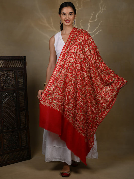 Pure Woolen True Red Stole with Detailed Multicolored Paisley All over Aari Threadwork from Kashmir