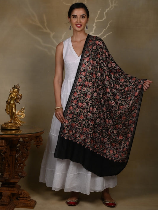 Pure Woolen Black Stole with Detailed Multicolored Floral Bel All over Aari Threadwork from Kashmir