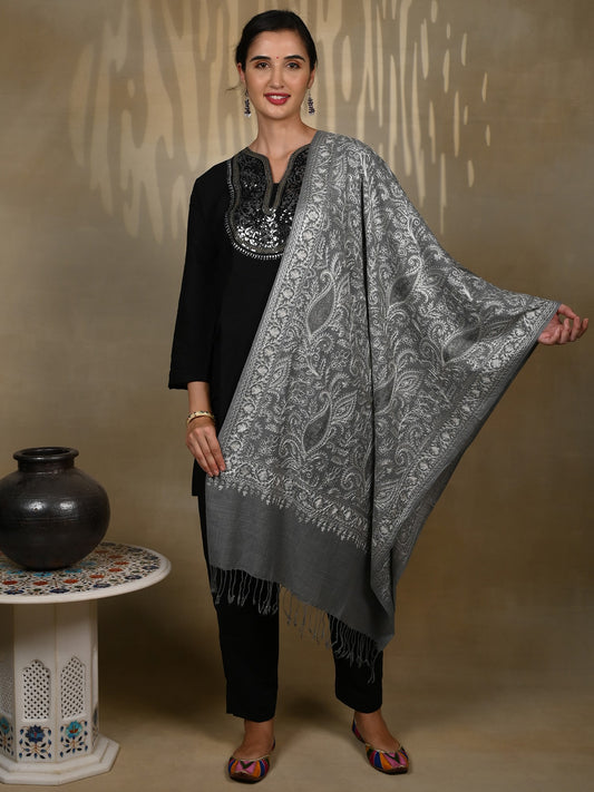 Pure Woolen Monochromatic Grey Stole with Silver Detailed Traditional Big Paisley Aari Threadwork from Kashmir