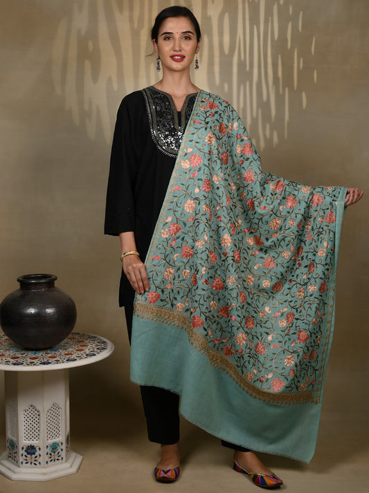 Pure Woolen Turquoise Shawl with Multicolored Paisley and Floral and Aari Threadwork from Kashmir