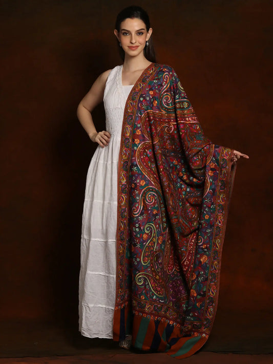 Multicolored Silk Sozni Multicolored Embroidery Jamawar Pure Pashmina Shawl from Kashmir
